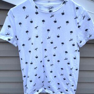 gef France Men's Small White/Black Printed Palm & Donkey T-Shirt - Like New!